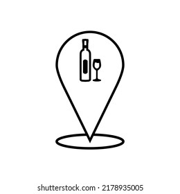 Silhouette of bottle and glass of wine vector. Bottle of wine icon. Wine glass icon. Pin card with a picture of a bottle of wine and a glass. Location point of restaurant, pub, cafe, bar, drinks