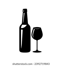 Silhouette bottle and glass of wine vector isolated.