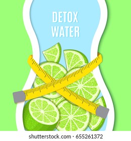 Silhouette of a bottle like Female figure, tape measure on waist, citrus lime fruit. Vector card illustration. Tropical green lemon fruit border and detox water cocktail on green color background