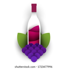 Silhouette of bottle with red wine and bunch of grapes. Abstract art composition in modern geometric style. Minialistic concept design template for branding. Vector illustration.