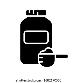 Silhouette Bottle of sports nutrition and measuring spoon with dry powder. Outline icon of muscle building protein whey. Black illustration of fitness food. Flat isolated vector on white background