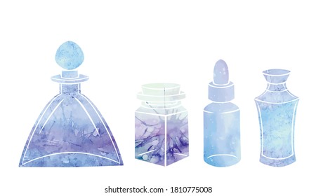 Silhouette of bottles, flasks and jars with blue watercolor background. Containers for perfumes and medicines. Natural medicine. Potions and Alchemy. Vector object for recipes, banners and your design