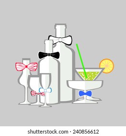 silhouette bottles,stemware,kokteila on a gray background,