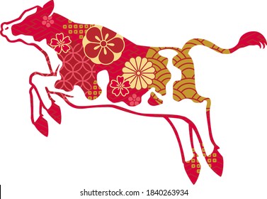 The silhouette of a bouncing Holstein cow seen from the side. With a Japanese-style pattern of red and gold.