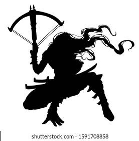 A silhouette, a bounty hunter in a dynamic pose, with long hair and a crossbow in his hand, loaded with two arrows . 2D Illustration.