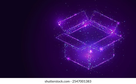 Silhouette of a box made of glowing, multicolored dots, resembling stars. The vibrant particles form its structure, symbolizing storage, organization, and the potential of what lies within.