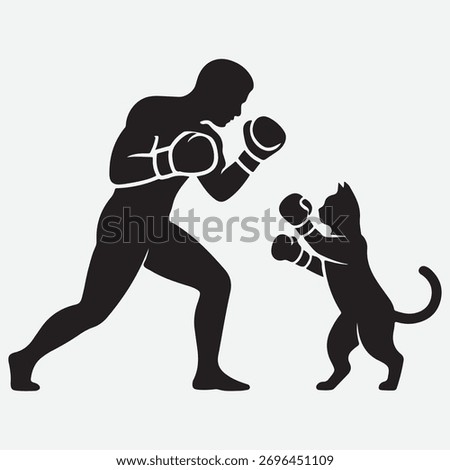 Silhouette of a Boxer and a Cat in Boxing Gloves Facing Off