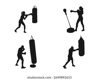 Silhueta de um boxeador batendo em um saco de soco. esporte de boxe, lutador. Silhueta de um atleta de caça. Silhuetas de boxeadores treinando com bolsas de perfuração.