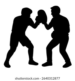 silhouette of a boxer training with a coach. vector illustration