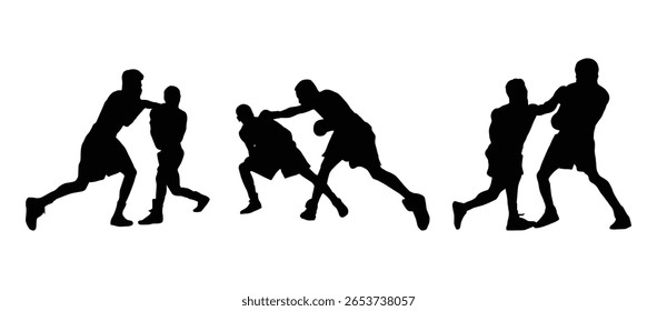 Silhouette of boxers sparring in various fighting stances and punches. Dynamic martial arts movement on white background.