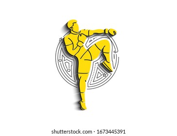 Silhouette of a Boxing  doing standing side kick, Flat line art illustration Design.