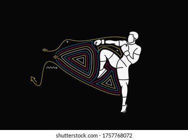 Silhouette of a Boxing  doing standing side kick, Flat line art illustration Design.