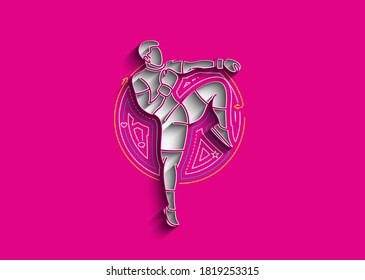 Silhouette of a Boxing  doing standing side kick, Flat line art illustration Design.