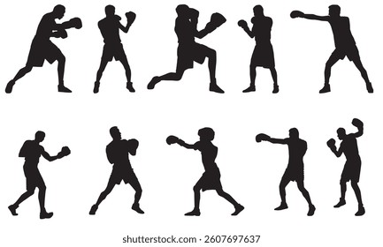 silhouette of boxing player in various poses. 