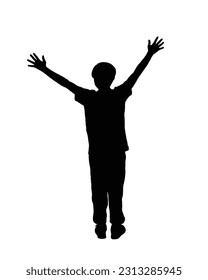 Silhouette of a boy with arms raised. Happy boy. Boy celebrating silhouette vector.