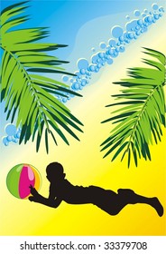 Silhouette of boy with a ball among the branches of palms. Vector