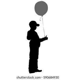 Silhouette of boy with balloon on a white background. Vector illustration