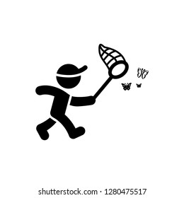 Silhouette boy with butterfly net. Vector illustration