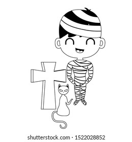silhouette of boy disguised as a mummy with icons halloween vector illustration design