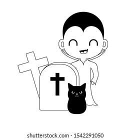 silhouette of boy disguised of vampire with icons halloween vector illustration design