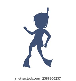 Silhouette of boy diver, flat vector illustration on white background. Black spot in the shape of snorkeling male kid in flippers underwater. Design element for diving and underwater sports.