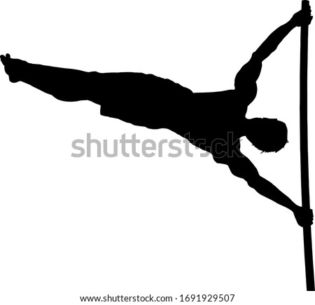 Silhouette of a boy doing a side lever exercise known as the human flag pose on a pole. Vector illustration.
