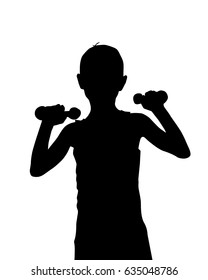 Silhouette boy with dumbbells. Vector