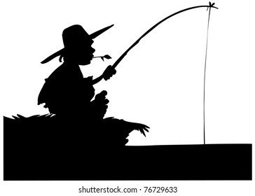 Silhouette Of Boy Fishing. Isolated On White