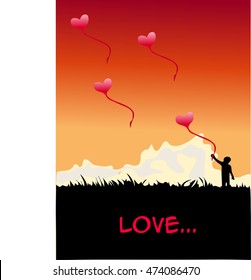  silhouette of  boy with flying hearts ba loons. Flat design. The boy with a hearts. Love is. valentine day boy with hearts.