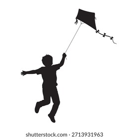 Silueta de niño volando cometa que captura la actividad alegre de la infancia. Gran elemento de diseño de Vector para ilustrar diversión al aire libre, conceptos recreativos y temas juveniles