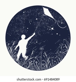 Silhouette boy flying a kite in night sky tattoo. Symbol of dream, happiness, motivation, aspiration, freedom. Boy flies a kite in the universe, t-shirt design 