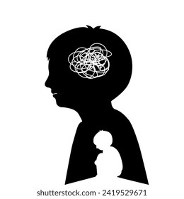 Silhouette of a boy get stress and hugging knees child inside in kid mental health concept.