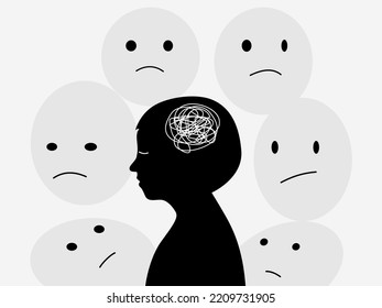 Silhouette Of A Boy Get Stress And Sad Emotion With Stigma . Kid Mental Health Concept. Flat Vector Illustration. Design For Banner And Poster.