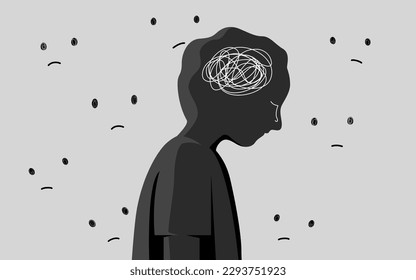 Silhouette of a boy get stress and sad emotion with stigma . Kid mental health concept. flat vector illustration. design for banner and poster.