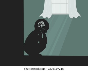 Silhouette of a boy get stress and sad emotion at home alone, mental health kids concept. flat vector illustration.