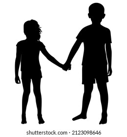 Silhouette de niño y niña cogiendo la mano. Ilustración del vector