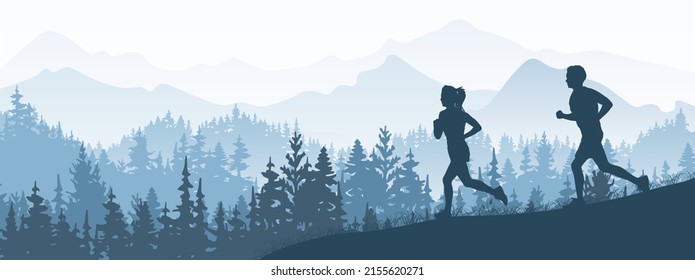 Silhouette of boy and girl jogging. Forest, meadow, mountains. Horizontal landscape banner. Blue illustration. 