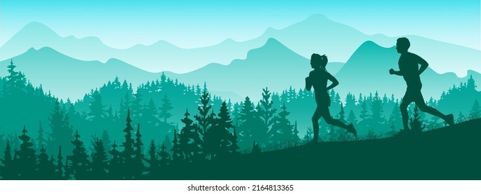 Silhouette Of Boy And Girl Jogging. Forest, Meadow, Mountains. Horizontal Landscape Banner. Violet Illustration. 