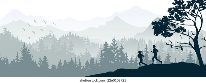 Silhouette of boy and girl jogging. Forest, meadow, mountains. Horizontal landscape banner. Gray illustration. 