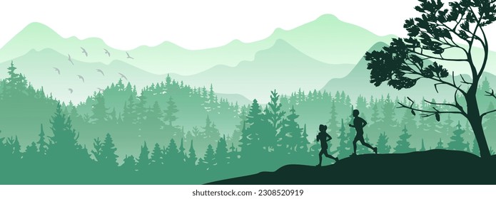 Silhouette of boy and girl jogging. Forest, meadow, mountains. Horizontal landscape banner. Green illustration. 