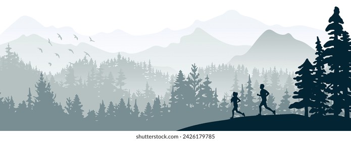 Silhouette of boy and girl jogging. Forest, meadow, mountains. Horizontal landscape banner. Gray illustration. 