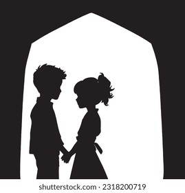 Silhouette of a boy and a girl looking at each other.