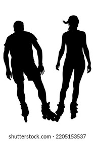 Silhouette of boy and girl on roller skates on white background