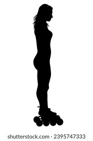 Silhouette of boy and girl on roller skates on white background