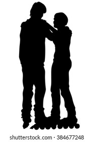 Silhouette of boy and girl on roller skates on white background