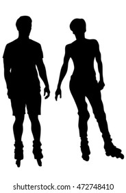 Silhouette of boy and girl on roller skates on white background