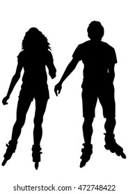 Silhouette of boy and girl on roller skates on white background