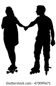 Silhouette of boy and girl on roller skates on white background