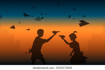 silhouette of boy and girl playing paper airplane together with urban and sunset background