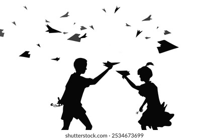 silhouette of boy and girl playing paper airplane together on white background